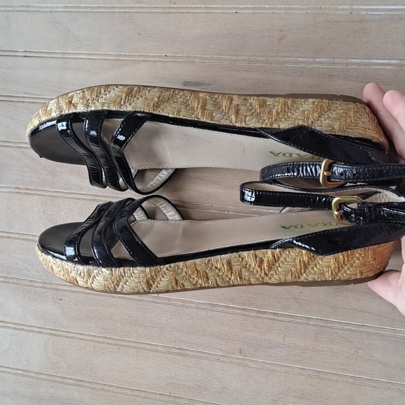 PRADA Black Patent Leather Espadrille Designer Platform Classy Strap Sandals - Picture 6 of 12